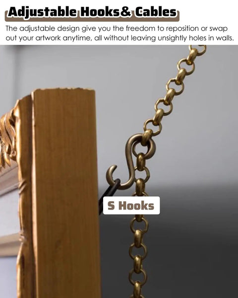 Picture Rail Hanging System Brass Kit For Gallery Art Display With Heavy Duty Wall Hardware For Paintings Photos Canvas, 5 hooks and chain close-up