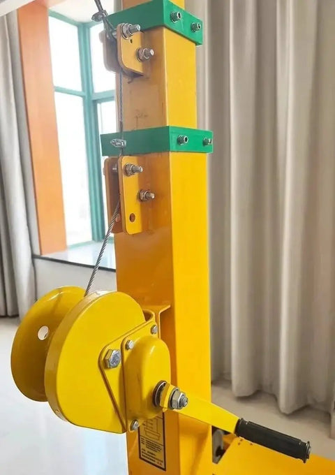 Heavy Duty Portable Hand Lift Telescopic Pole Mast with manual winch and hydraulic pump detail, showing pulley system.