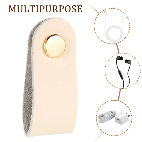Slick Double Pack PU Leather Cord Organizer Ties for USB charger with snap closure, beige leather, multipurpose cable management.