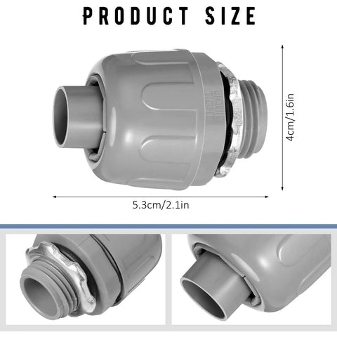 Side and close-up views of 1/2 Inch Liquid Tight PVC Conduit Fittings Pack Of 30 Flexible 180 Degree Straight Connectors, nonmetallic