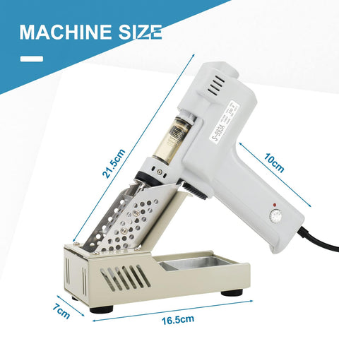 Portable 110V 50Hz 100W Desoldering Gun With Vacuum Pump for electronics, shown in stand with dimensions labels