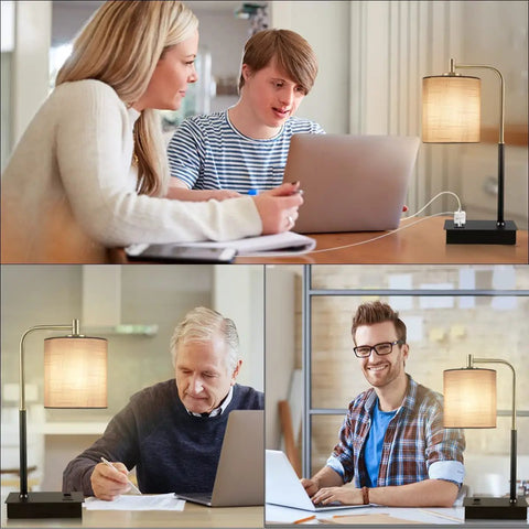 Bedside Touch Lamp With USB Port Outlet 3 Way Dimmable Modern Table Lamp in use at workstations by different people.