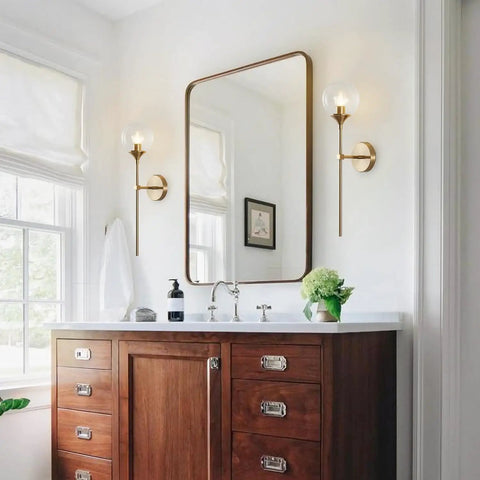 Bathroom with Glass Globe Wall Sconce In Brushed Brass With Clear Globe Mid Century Modern Bedroom Bedside Lighting Long Pole