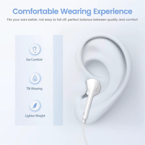 Two Pack USB C Earbuds With Mic And Remote For iPhone 15 16 17 shown in ear showcasing fit and comfort