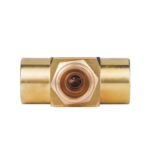 Two-piece brass needle valve set, 1/4" NPT female x 1/4" NPT female, gold finish.