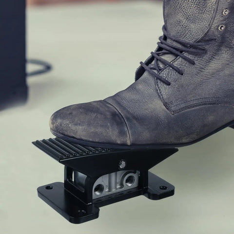 Pneumatic Foot Pedal Valve Hands Free Momentary Five Way Three Position Foot Operated Air Valve in use by boot