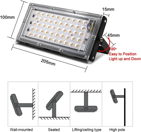 JUDYSSY Security Lights Outdoor Led Floodlight Waterproof Ip65 Led Reflector L, Cold White,100W dimensions and mounting options