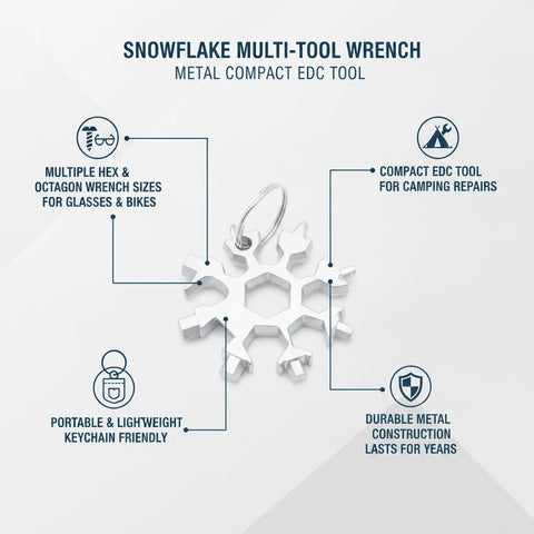 Compact Snowflake Shaped Multi Tool Wrench For Eyewear, Bike And Camping Repairs, Metal EDC Hex Key Set shown with features