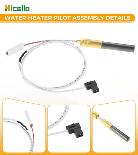 Front view of Gas Minivolt thermopile generator replacement with white insulated cable, brass probe, and black 2-pin connector