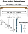 Six Pack Light Brushed Brass Cabinet Pulls In Zinc Alloy, 11 1/3 Inch Or 12 3/5 Inch Hole Centers, dimensions and screws shown