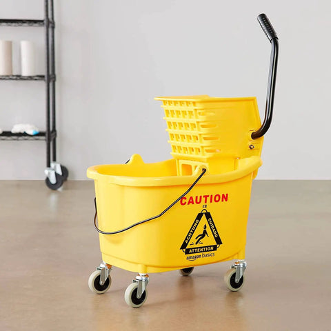 Commercial Side-Press Wringer Mop Bucket On Wheels 35-Quart Yellow Heavy-Duty Floor Cleaning System With Quick-Press Wringer