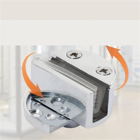 Set of 2 Frameless Glass Cabinet Door Hinges for Bathrooms, close-up of clamp style hinge with smooth operation mechanism