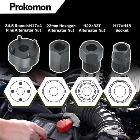 13 Piece Alternator Pulley Tool Kit For Car Maintenance Heavy Duty Decoupling And Pulley Removal Set Pro Grade Chrome Vanadium Steel For Quiet Ride Reduced Vibration And Extended Belt And Tensioner Life showing various adapter sizes.