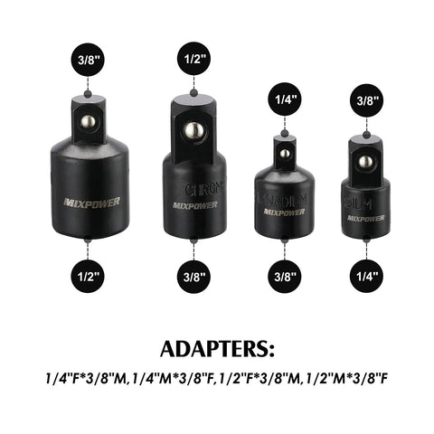 Heavy Duty Drive Tool Accessory Set With CR-V Steel And Black Phosphate Finish Includes Socket Adapters