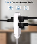 3-in-1 white power strip with three black plugs inserted, UL listed, 12 Foot Triple Outlet Extension Cord 2 Pack