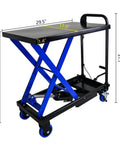 Heavy Duty Hydraulic Lift Trolley With Four Smooth Rolling Casters And Adjustable Scissor Platform For Shop Tool Hauling Equipment And Parts Movement Built Tough Supports 500 Pounds. Image shows dimensions.