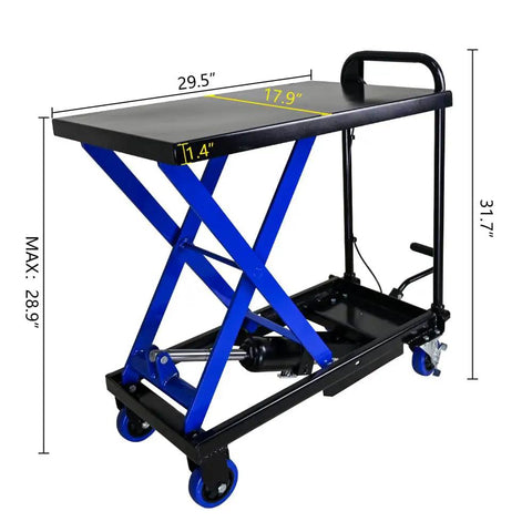 Heavy Duty Hydraulic Lift Trolley With Four Smooth Rolling Casters And Adjustable Scissor Platform For Shop Tool Hauling Equipment And Parts Movement Built Tough Supports 500 Pounds. Image shows dimensions.