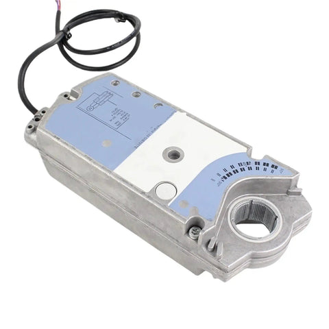 Heavy Duty 3 Position Rotary Air Damper Actuator With Rock Solid 35 Nm Torque And Snappy 150 Second Response For Main Air Ducts Up To 6 Square Meters That Plays Nice With Controls Always, showing actuator unit with blue label.