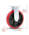 Built Tough Heavy Duty Swivel Caster Wheels With Precision Ball Bearings, red polyurethane wheels, 200mm size for industrial cart use.