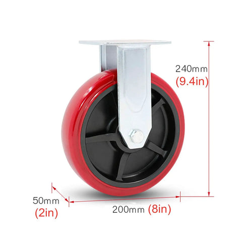 Built Tough Heavy Duty Swivel Caster Wheels With Precision Ball Bearings, red polyurethane wheels, 200mm size for industrial cart use.