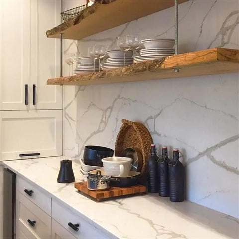Hella Sleek Matte Black T Pull Cabinet Knobs 1.5 Inch Horizontal Handles For Kitchen Cabinets Bathroom Vanities Dressers Closets Superior Stainless Steel Drawer Hardware Pack Of Ten No Sweat Install displayed in modern kitchen with marble backsplash.