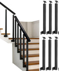 Heavy Duty Black Iron Balusters 8 Pack Rust Resistant Railing Spindles with Secure Flat Brackets on staircase.