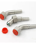 Built Like A Tank 45 Steel High Pressure Hydraulic Fitting Right Angle Barbed Tube Joint Adapter For Metric M22 To M42 Fits 13mm To 32mm Pipes Secure Seal Industrial Machines Pro Grade Durability Heavy Duty Repairs Zero Leak Risks Always Now, three angled fittings with red caps