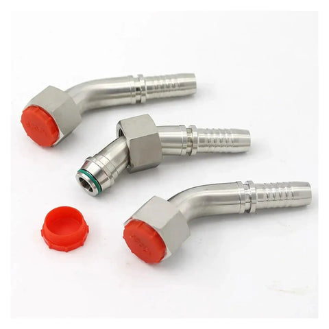 Built Like A Tank 45 Steel High Pressure Hydraulic Fitting Right Angle Barbed Tube Joint Adapter For Metric M22 To M42 Fits 13mm To 32mm Pipes Secure Seal Industrial Machines Pro Grade Durability Heavy Duty Repairs Zero Leak Risks Always Now, three angled fittings with red caps