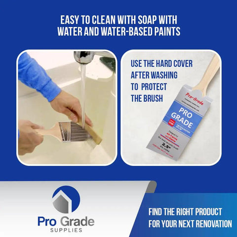12 Pack 2.5 Inch Angle Paint Brushes shown in use and in packaging with cleaning instructions for easy cut in walls and trim.