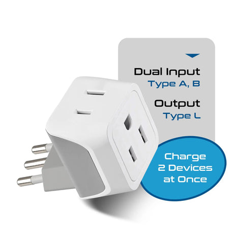 Italy And Chile Travel Plug Adapter Set with Type L grounded socket. Dual USA input compact design for cell phones and laptops.