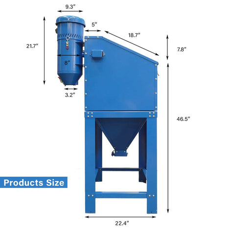 Badass 1.75 HP Dust Collector For Sand Blast Cabinet reclaims 5 micron grime, featuring dimensions for workspace efficiency.