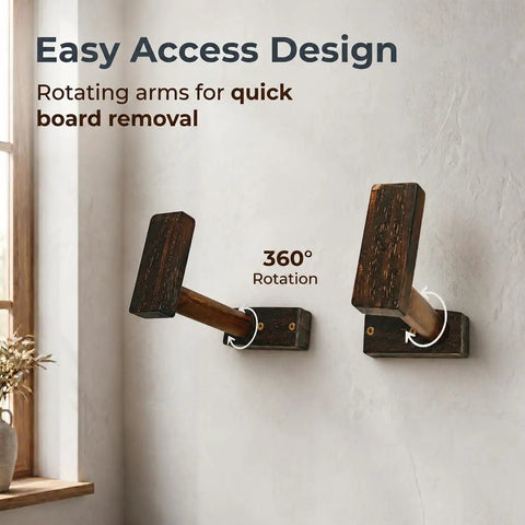 Ripper Ready Wood Surfboard Wall Mount Rack With Rotating Arms Vertical Storage Stand For Shortboards Longboards And Wakeboards displaying 360° rotating arms.