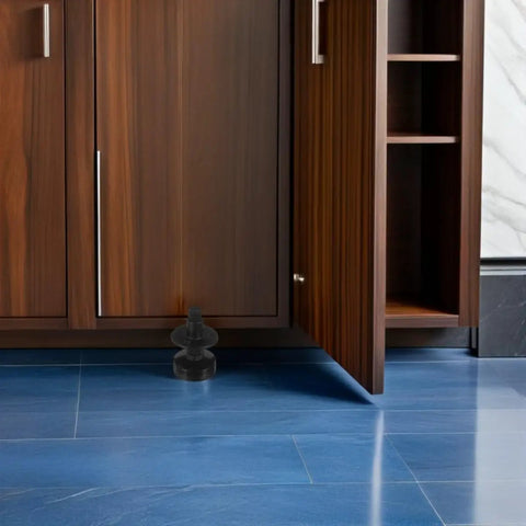 Adjustable Furniture Leveling Legs Set For Chairs And Cabinets, heavy duty carbon steel construction under cabinet on tile floor.