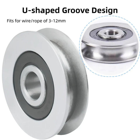 Beefy 2Pcs Stainless Steel Deep U Groove Pulley 8mm Inner Dia Wheel Bearings Wire Rope Pulley Bearing Steel Cable Pulley Load Bearing 431Kg For Industry Equipment, U-shaped groove