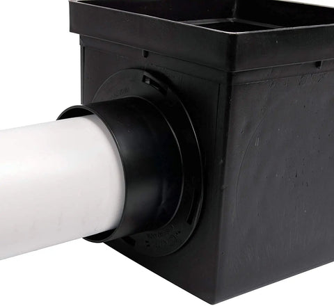 Square Catch Basin Drainage Kit for Lawns and Landscaping, 9 Inch, Black, showing side view with adapter and pipe connected