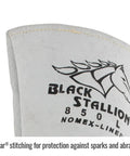 Close-up of Elkskin Stick Glove With Nomex Lined Back showing logo and Kevlar stitching, flame and abrasion resistant.