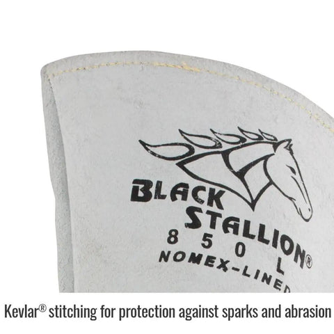Close-up of Premium Grain Elkskin Stick Glove With Nomex Lined Back showing logo and Kevlar stitching inscription.