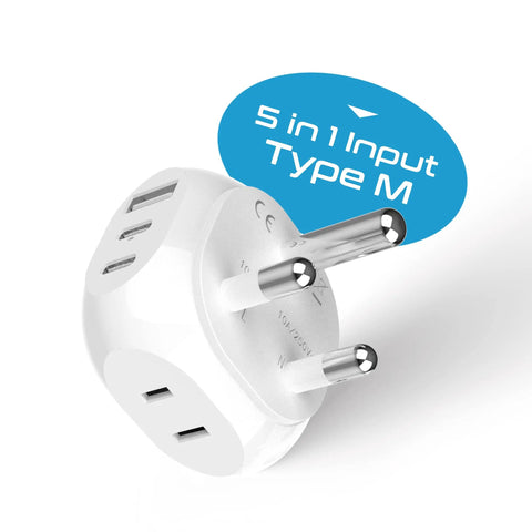 South Africa Travel Adapter With 5 In 1 Input And QC 3.1A Dual USB And USB C, Ultra Compact And Lightweight, White