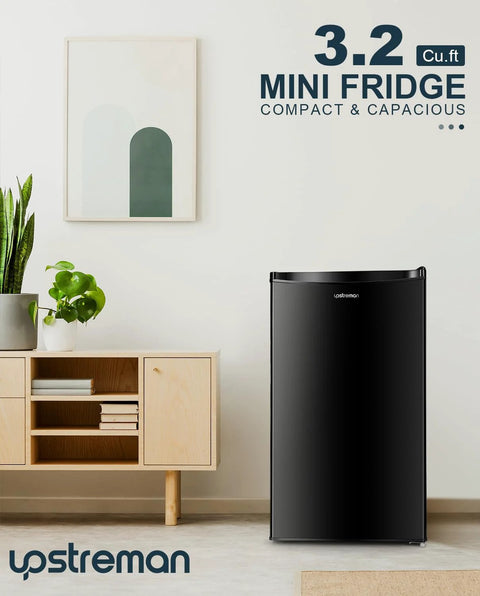 Upstreman 3.2 cu ft black single-door mini fridge with freezer for dorm or office