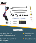 Heavy Duty 16 Inch Radiator Electric Cooling Fan Featuring Slick Reversible Push Pull Setup For Cars And Trucks To Deliver Killer 3000 CFM Airflow Alongside Easy Plug And Play Thermostat And Solid Bracket Kit components layout with wiring and mounting kit.