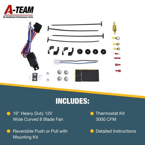 Heavy Duty 16 Inch Radiator Electric Cooling Fan Featuring Slick Reversible Push Pull Setup For Cars And Trucks To Deliver Killer 3000 CFM Airflow Alongside Easy Plug And Play Thermostat And Solid Bracket Kit components layout with wiring and mounting kit.