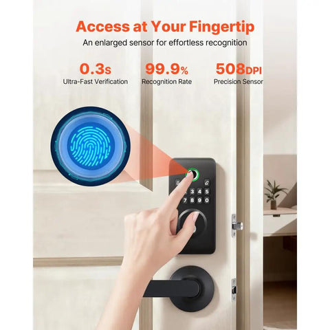Matte Black Fingerprint Door Lock Set With Easy Grip Lever And Advanced Biometric Scanner For Hassle Free Keyless Entry showing fingerprint sensor and keypad.
