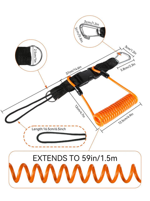 Diagram of Heavy Duty Scuba Diving Lanyard With Clip, featuring stainless steel spring coiled orange lanyard, nylon webbing.