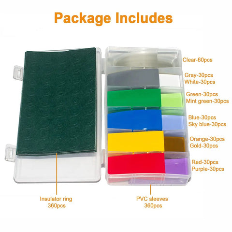 360 Piece 18650 Battery Sleeves And Flat PVC Heat Shrink Tubing Kit With Self Adhesive Insulator Rings Cyan For Safe Battery Insulation Quick Install And Durable PVC Wraps, organized sleeves and rings in storage box