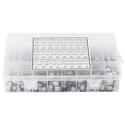 Complete Electrolytic Capacitors Assortment Kit With 400 Pieces From 1uF To 1000uF, 24V Aluminum SMD Bypass Caps in clear box