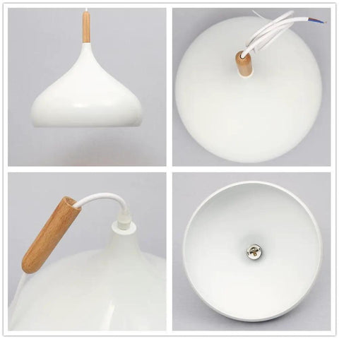 60 Watt Modern Elegance White Pendant Light Fixture with wooden detail and wiring visible, showcasing Nordic minimalist design.