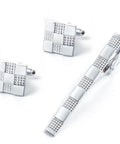 Silver Plated Tie Clip For Men And Women Clean Square Grid Design with cufflinks set, polished finish, stylish accessory.