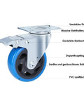 Four Inch Heavy Duty Swivel Caster Wheels With Dead Lock Brakes And Silent Non Marking Polyurethane Tires For Crushing Heavy Loads, close-up view of the caster.