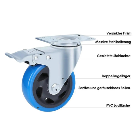 Four Inch Heavy Duty Swivel Caster Wheels With Dead Lock Brakes And Silent Non Marking Polyurethane Tires For Crushing Heavy Loads, close-up view of the caster.