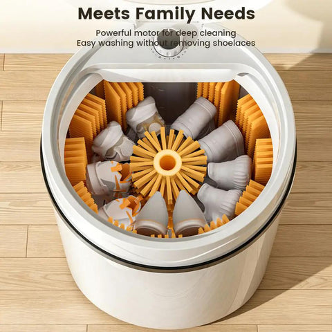 Triple Threat Semi Auto Mini Washer Dryer For Sneakers And Workout Gear with shoes in a compact interior for deep cleaning.